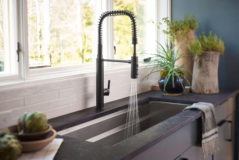 KOHLER 24982-BL Purist Commercial Style Pre-Rinse Kitchen Faucet with 3-Function Sprayhead, Kitchen Sink Faucet with Pull Down Sprayer, Matte Black