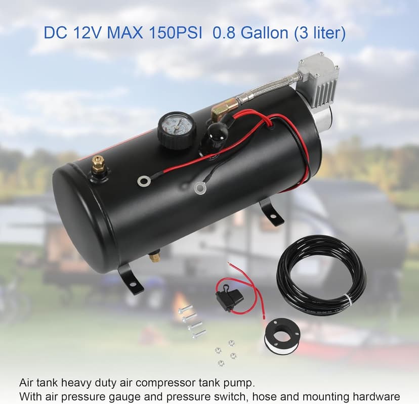 DC 12V MAX 150PSI Air Compressor Tank Pump with 3 Liter Tank 0.8 Gallon Portable Air Compressor Pump for Train Truck Pickup Motorhome Horns On Board 3L Train Inflator