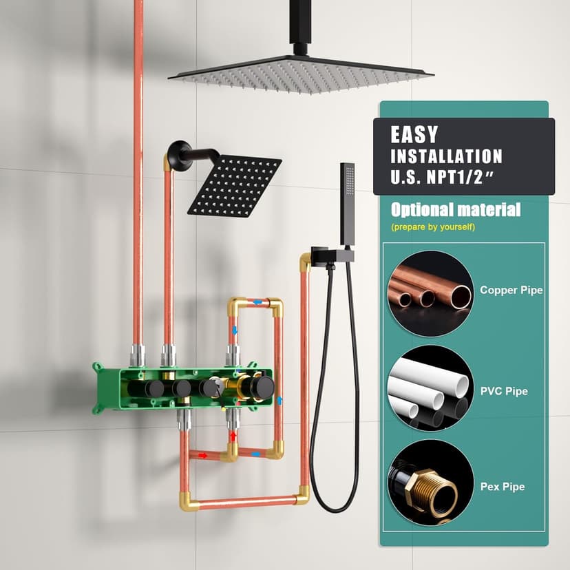 Enga Temperature Display Shower System with Dual Shower Heads, 16" + 6" Dual Rain Shower System, Push-button Valve Thermostatic Shower Faucet Set, Can All Run Together & Flow Adjustable, Matte Black