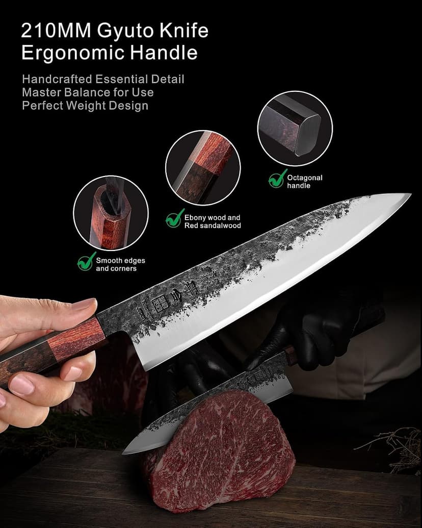 8.27 Inch Japanese Chef Knife, 210MM Black Forged Japanese Knife with Red Sandalwood and Eboy Wood Handle, Gyuto Chefs Knives with Premium Gift Box (WA Series)