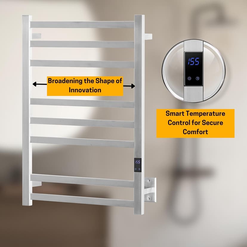 8-Bar Heated Towel Rack - Slim Design, Quick Heating, Adjustable Temperature, 24-Hour Timer - Brushed Stainless Steel - Ideal for Hot Towels in Bathroom
