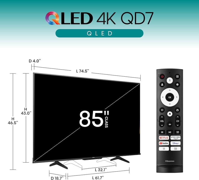 Hisense 85-Inch Class QD7 Series QLED 4K UHD Google Smart TV (85QD7N, 2024 Model) - QLED, Native 144Hz, Motion Rate 240, Direct Full Array, Game Mode Pro, Alexa Compatibility
