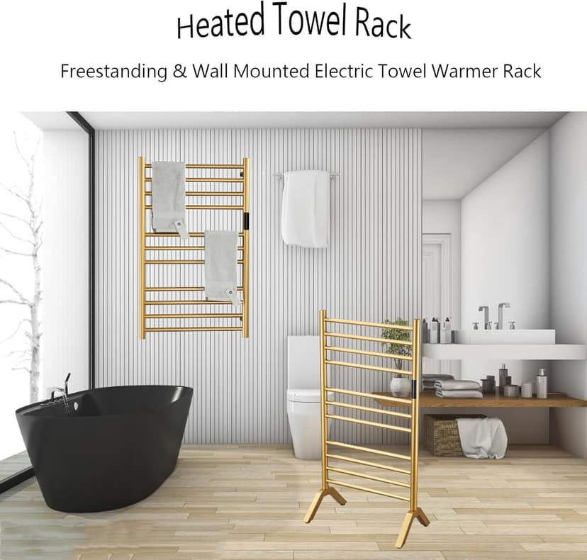 Electric Towel Warmers Radiator with Built-in Timer Gold, 140W Wall-Mounted & Freestanding Heated Towel Drying Rack with 11 Bars, 304 Stainless Steel Heated Towel Rail for Bathroom, Plug-in