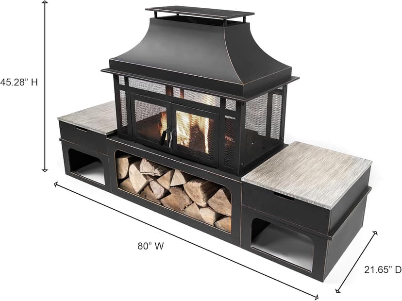 Rimasco 80-Inch Metal Wood Burner Fireplace with Side Storage Tables - Wood Burning Fire Pit for Home - Smokeless Patio Fire Pit - Outdoor