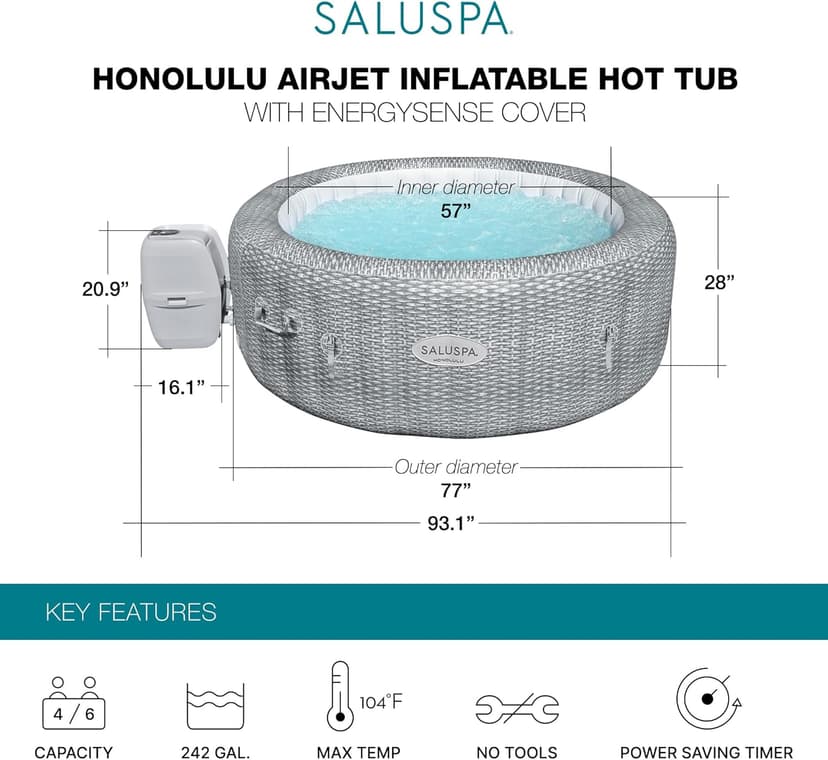 Bestway SaluSpa Honolulu AirJet Large Round 4 to 6 Person Inflatable Hot Tub Portable Outdoor Spa with 140 AirJets and EnergySense Cover, Grey