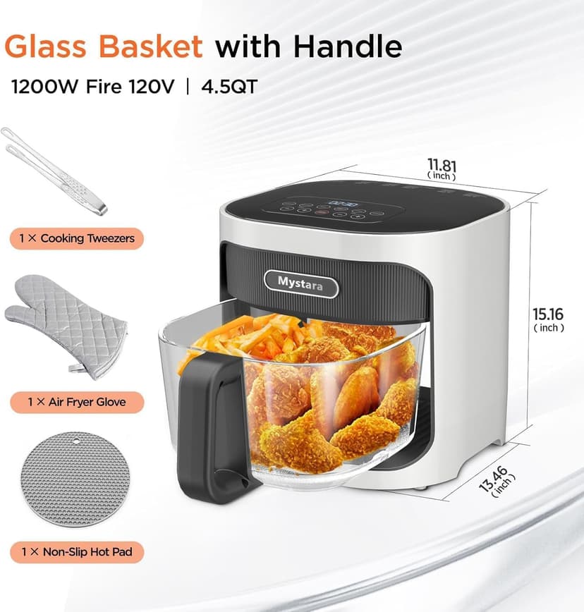 Glass Air Fryer, Digital control panel, 4.5QT Glass Bowl, Hot Air Circulation Technology, Precise Temperature Control, Dishwasher Safe, Transparent and Easy-to-clean Containers(White)