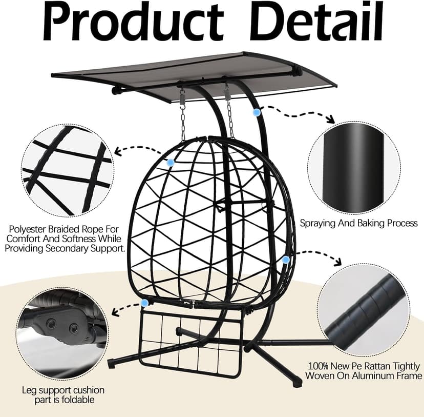 Double Egg Chair Outdoor with Stand & Adjustable and Removable Canopy, Foldable Leg Rest, Leg Support Bracket Tube Thickened Treatment, 600lbs Capacity for Bedroom, Balcony, Garden (HQH)