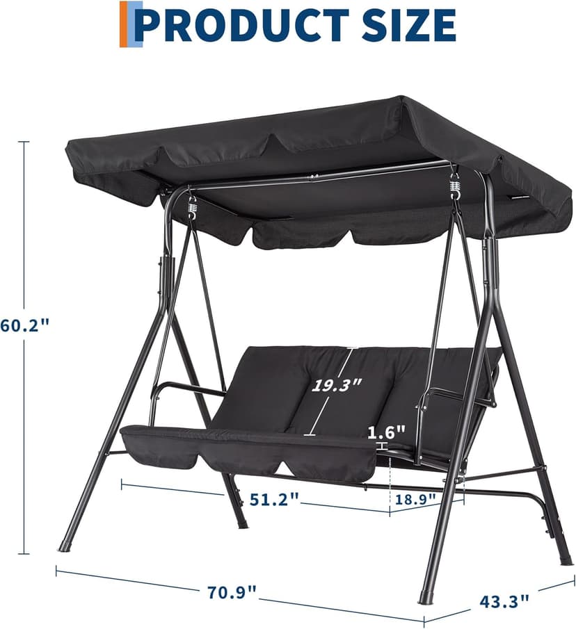 Outdoor Porch Swing Chair with Adjustable Canopy for Adults 3 Seat Glider Bench with Thickened Cushions Outside Patio Swing for Backyard Lawn Garden Black