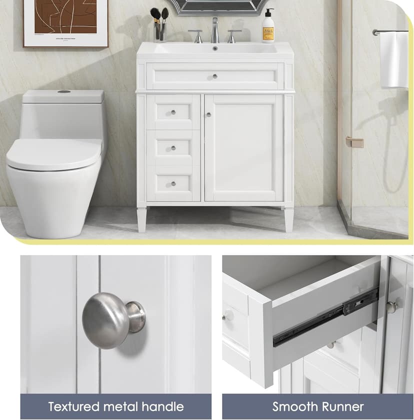 30'' Bathroom Vanity with Single Sink Combo, Modern Bathroom Storage Cabinet with 2 Drawers, 1 Pull Down Drawer and 1 Door, Freestanding Bathroom Vanities, Soft Closing, Solid Wood Frame