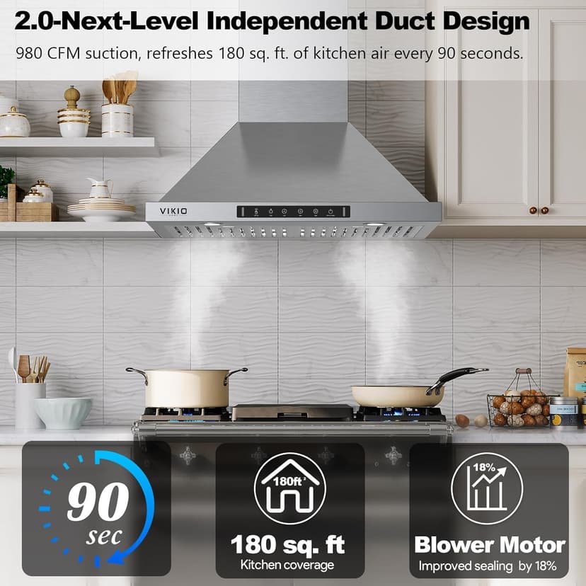 Wall Mount Range Hood 36 inch,Kitchen Vent Hoods 980 CFM Ducted/Ductless Range Hood,with Gesture Sensing & Touch Control Switch Panel, 3 Speed Exhaust Fan Permanent Filter