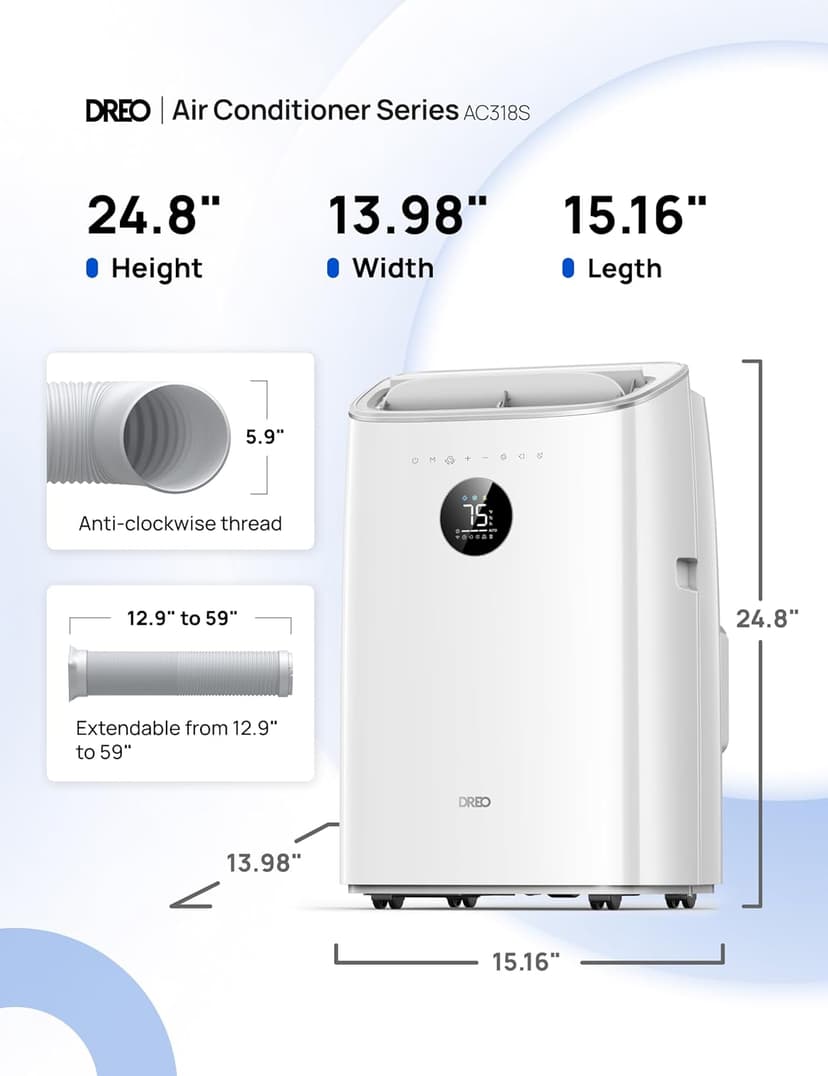 Dreo Portable Air Conditioners, 8000 BTU ASHRAE (5000 BTU DOE) Smart AC Unit for Bedroom with Drainage-free Cooling, 45dB Quiet, APP/Voice/Remote, Portable AC for Room Indoors, AC318S