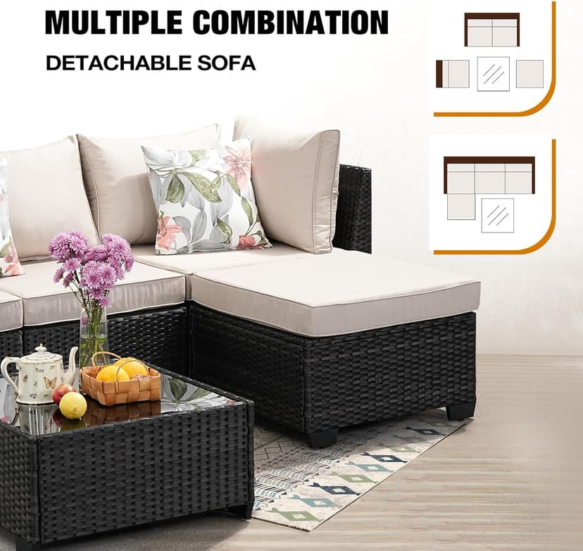 5 Pieces Patio Furniture Set All-Weather Outdoor Wicker Sectional Conversation Sofa Rattan Patio Seating Sofa with Cushion and Glass Table and Ottoman for Porch,Beige