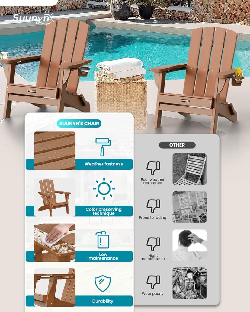 Folding Adirondack Chair 6 Pack, HDPE All-Weather Fire Pit Chairs, Plastic Adirondack Chairs with 2 Cup Holder, Outdoor Lawn Chair for Patio Garden (Teak)