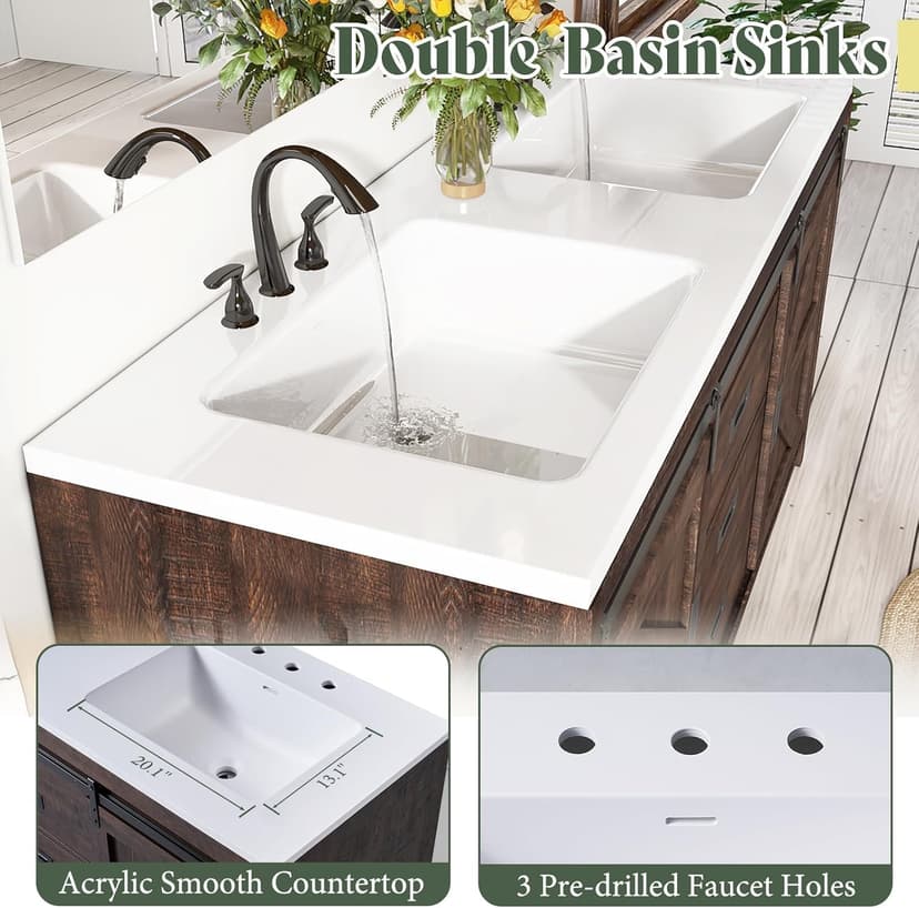60" Farmhouse Bathroom Double Vanity Sliding Barn Door with Sink Combo, Freestanding, Bathroom Vanity Cabinet with Drawers & Metal Handles, Reclaimed Barnwood