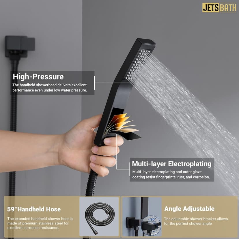 16” Thermostatic Rain Shower System with 6 Body Jets & 16-Inch Rainfall Shower Head, JetsBath Full Body Shower Faucet Sets with Valve & Handheld, Matte Black Luxury Wall Mount Shower Faucet Set