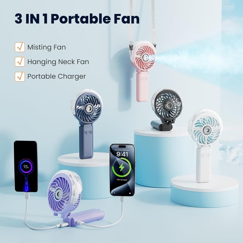 HandFan 5200mAh Upgraded Handheld Misting Fan, Portable Mister Fan Rechargeable, Spray Water Mist Fans, Electric Hand Cooling Ice Fans for Summer Beach Travel Concerts, Gifts for Women(Royal Blue)