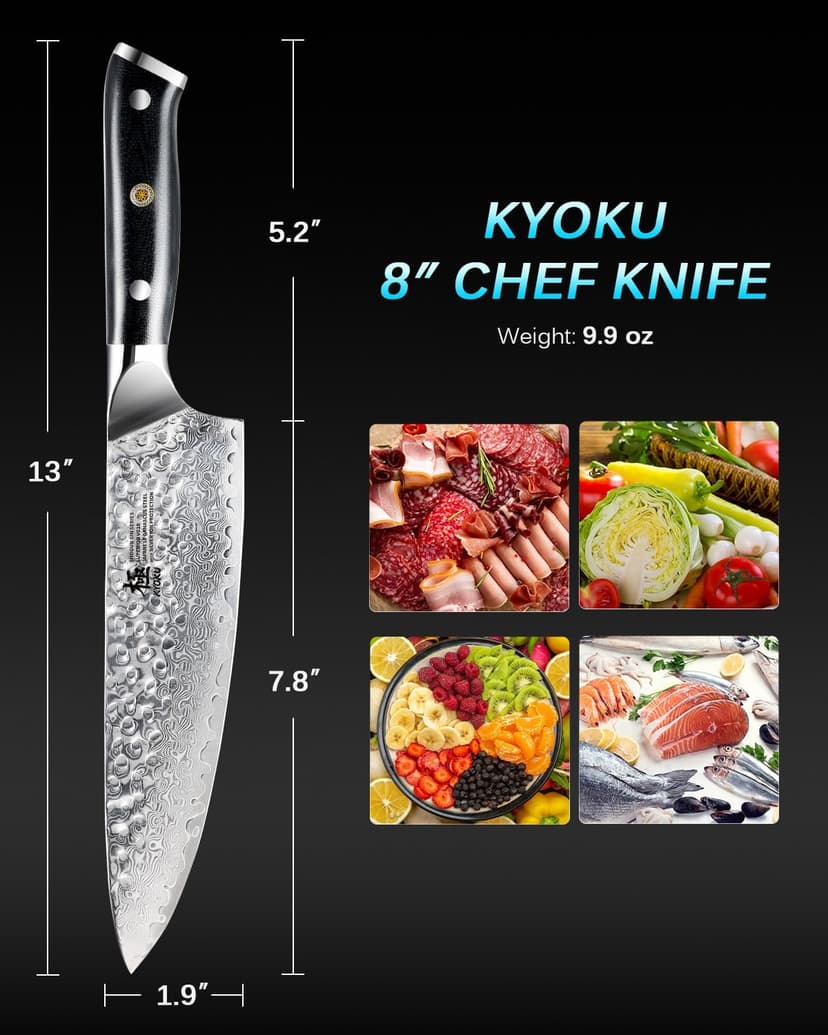 KYOKU Gin Series Chef Knife, 8" All Purpose Kitchen Knife, Japanese VG10 Damascus Stainless Steel Knife with Silver Ion Blade G10 Handle Mosaic Pin, Professional Knife for Meat Fruit Vegetables
