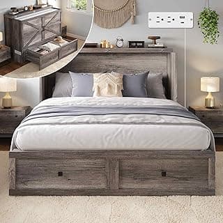 Murphy Bed Queen Size, Cabinet Bed with Charging Station Large Storage Drawer for Home Office or Small Room, Hideaway Bed Full Foldable Platform Bed, Rustic Grey