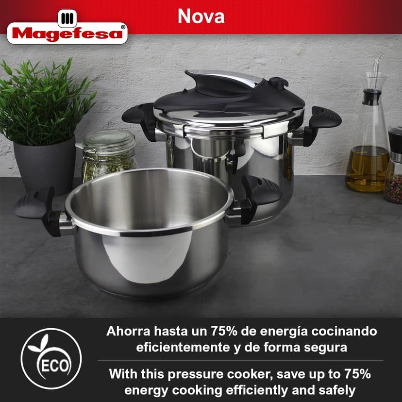 Magefesa Nova 4.2 Qt Stovetop Pressure Cooker – Fast Cooking, Easy Locking, 18/10 Stainless Steel, Induction Compatible, 5 Safety Features, 11.6 PSI