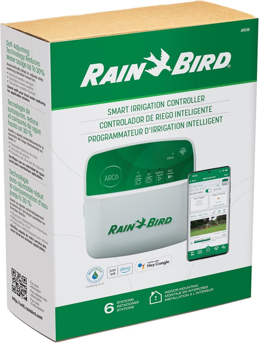 Rain Bird ARC6 App-Based Indoor Smart Irrigation WiFi Timer/Controller, 6-Zone/Station, EPA WaterSense Certified, Compatible with Alexa