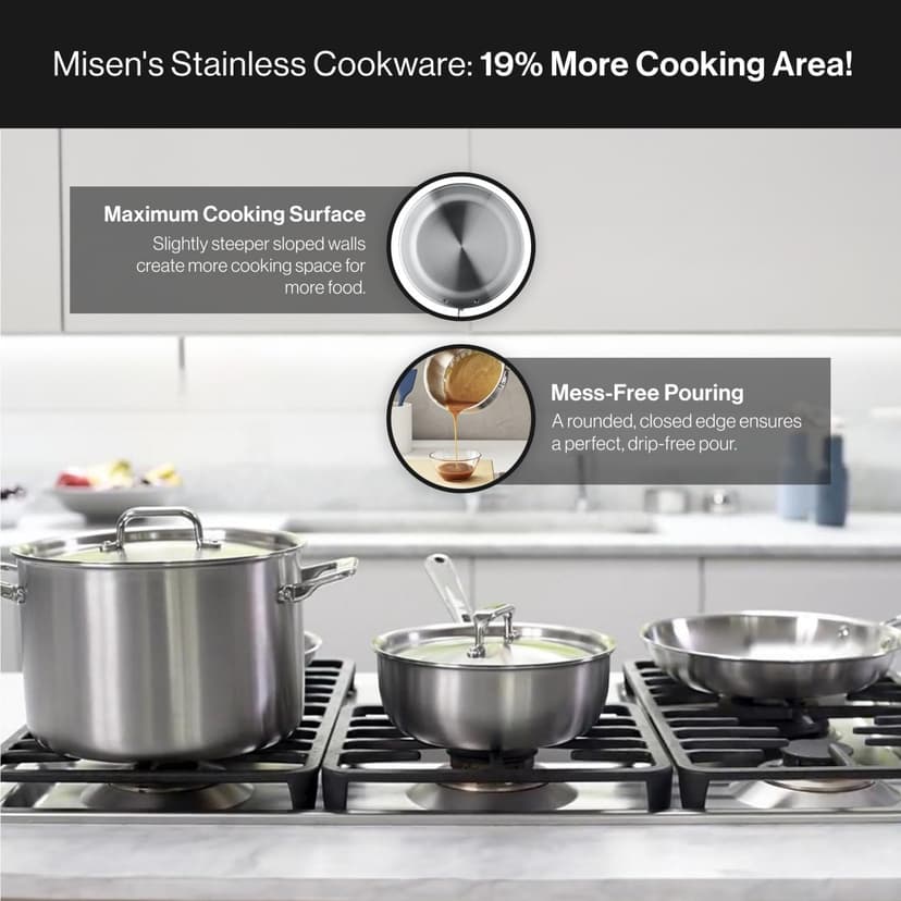 Misen 5-Ply Stainless Steel Cookware Set - Versatile, Dishwasher Safe - 9-Piece Set - 10" Skillet, 12" Skillet + Lid, 3 QT Saute Pan + Lid, 3 QT Saucier + Lid, 8 QT Stockpot + Lid