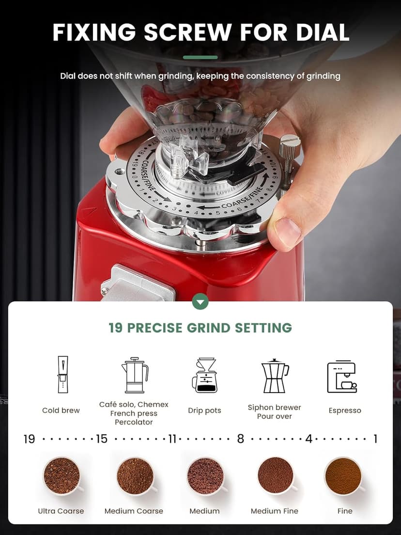 Huanyu Flat Burr Coffee Grinder with 19 Grinding Settings Large Capacity 35oz Red and Huanyu Electric Coffee Grinder with 10-Position Grind Selector for Home Use Black Bundle