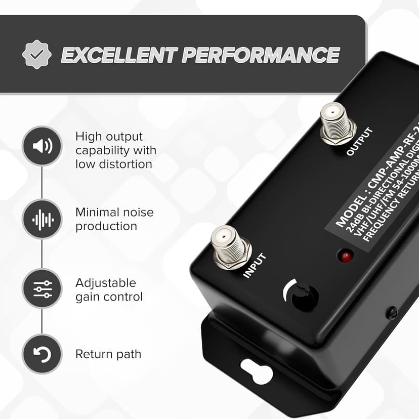 THE CIMPLE CO Antenna Amplifier, Digital TV Signal Booster, Adjustable Gain, 24 dB Distribution, NTSC, ATSC, FM, UHF, VHF, 1000 MHz, Includes RG6 Coaxial Cable