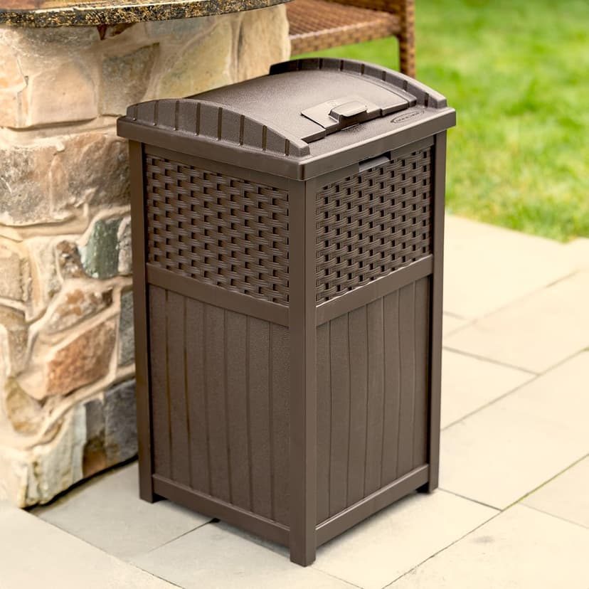 Suncast 33 Gallon Commercial Outdoor Trashcan Hideaway with Lid for 30 to 33 Gallon Trash Bags for Garage, Backyard, or Garden, Brown