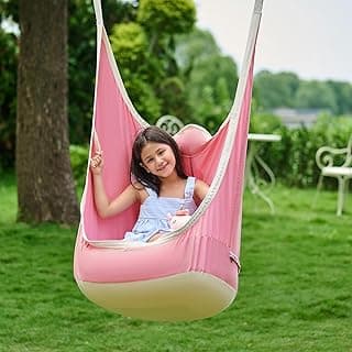 CO-Z Upgraded Kids Hanging Pod Swing Chair with Inflatable Cushion, Child Hanging Hammock for Indoor and Outdoor, Sensory Pod Swing for Kids (Two Straps, Pink)