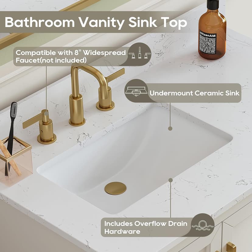 36 Inch Bathroom Vanity with Sink, Solid Wood Frame with Engineered Marble Top, Fully Assembled Storage Cabinet with 2 Soft-Closing Doors & 4 Drawers, Backspalsh, Greige