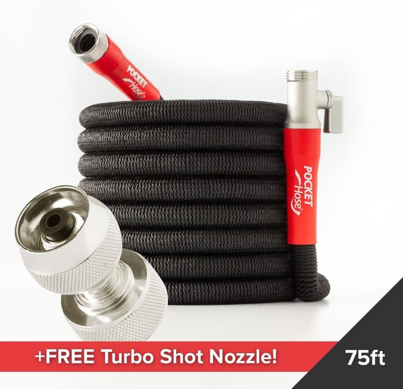 Pocket Hose Silver Bullet 2.0 Expandable Garden Hose 75-FT with Turbo Shot Nozzle, AS-SEEN-ON-TV, Lead-Free, Solid Aluminum Connectors, Easy On/Off Valve, Kink-Free, Leak-Proof