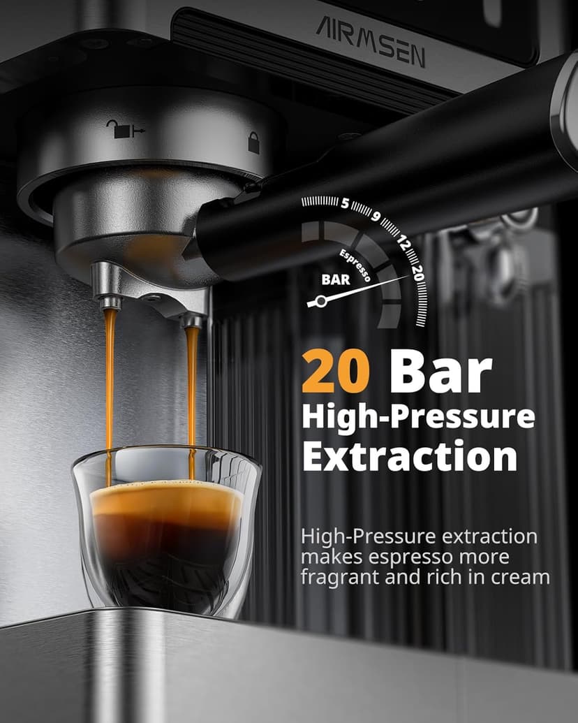 AIRMSEN 20 Bar Espresso Machine with Automatic Milk Frother, Cappuccino & Latte Coffee Maker with Quick Brew Dual Boiler (1350W + 1000W), Stainless Steel, 60oz Water Tank, Touchscreen