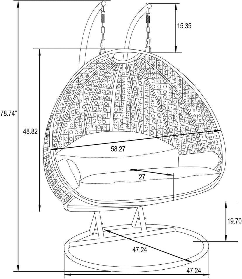 Island Gale Luxury 2 Person Outdoor, Patio, Hanging Wicker Swing Chair (X-Large-Plus, Charcoal Rattan/Charcoal Cushion)