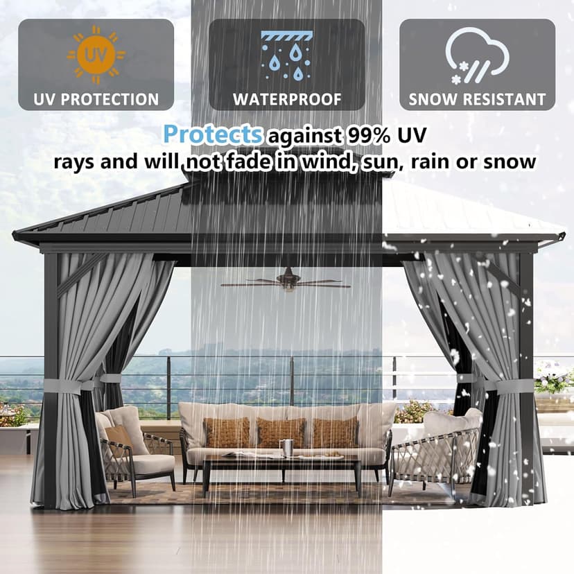 Aoxun 10' X 14' Hardtop Gazebo, Aluminum Metal Outdoor Gazebo with Galvanized Steel Double Roof, Permanent Patio Pavilion with Breathable Netting and Curtains for Dining, Wedding, Party