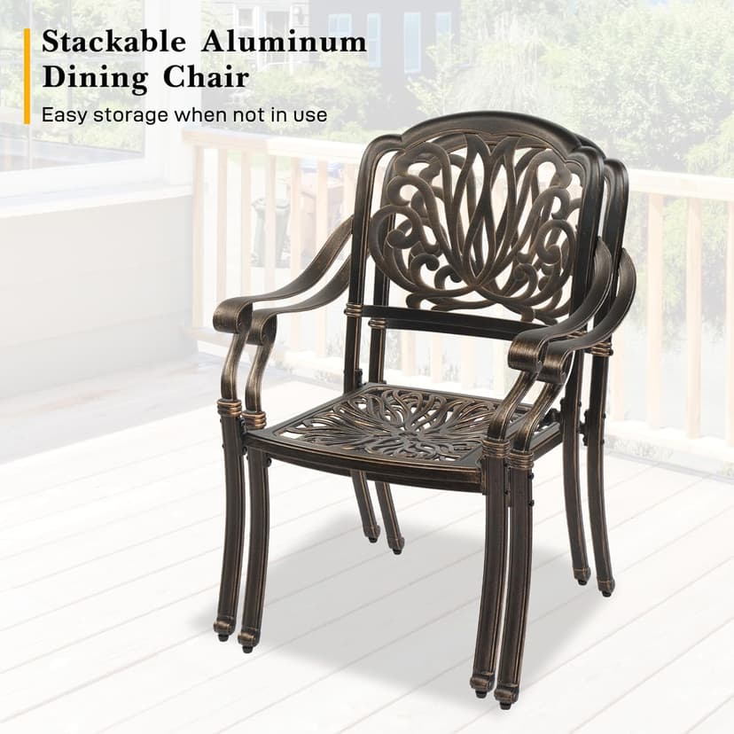VINGLI 7-Piece Outdoor Dining Set, Cast Aluminum Patio Furniture Set for 6 with Umbrella Hole, Rectangular Outdoor Dining Table & 6 Stackable Chairs, All-Weather Garden/Poolside Dining Set Bronze