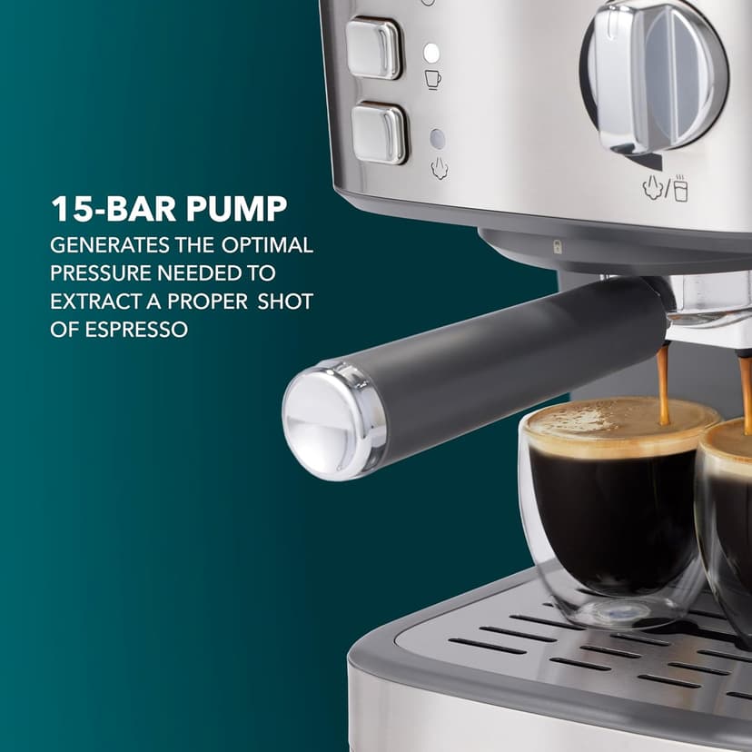 Mr. Coffee Compact Espresso Maker, Espresso Machine With Steam Wand, 15-Bar Pump Automatic Espresso Machine