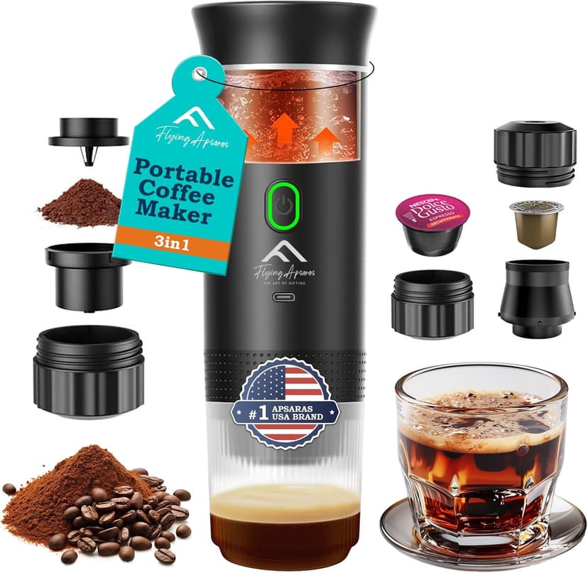 APSARAS USA Portable Coffee Maker for Travel, Portable Espresso Maker, 20 bar Mini Espresso Machine, 3in1 Travel Coffee Maker with Ground Coffee & Capsule(Ns&DG) for RV, Camping, Car