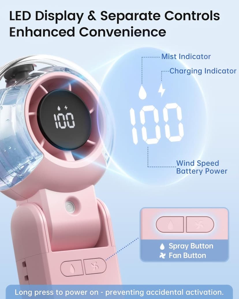 TriPole Misting Fan Portable Handheld Turbo Fan with Mist, LED Display, Neck & Desk Foldable High Speed Airflow Mini Fans, Rechargeable Personal Mister Fans with Water Spray Bottle for Outdoor Travel