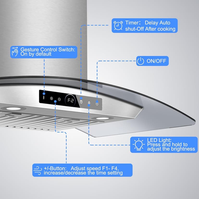 30 inch Range Hood Wall Mount, 1200 CFM with 4-Speed Gesture Sensing & Touch Control, Stainless Steel Ducted Kitchen Stove Vent Hoods with 2 LED Lights, Time Setting, Dishwasher-Safe Baffle Filters