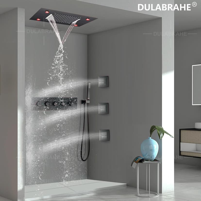 14 X 20 Inch Ceiling LED Rain Shower Head With Body Jets Large Luxury Rainfall Shower System Thermostatic Mixer Set Kit Included (Oil Rubbed Bronze)