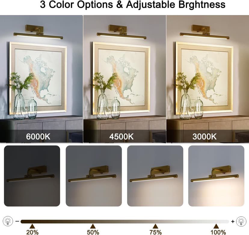 Battery Picture Light 3W 16” Wireless Art Lights for Paintings Brass Gold Rechargeable Gallery Light 3CCT Display Light with Remote and Timer Dimmable Wall Light for Portrait Dartboard Canvas