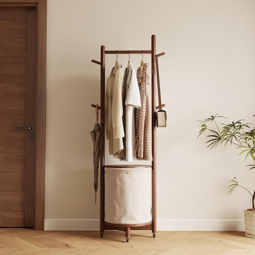 Solid Wood Coat Rack with Fabric Basket - Coat Hanger Stand Coat Tree Rack Freestanding with 9 Hooks Wheels, Small Clothes Rack For Entryway Bedroom Hallway Living Room
