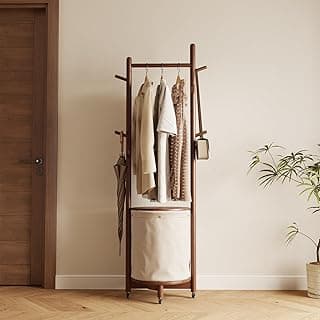 Solid Wood Coat Rack with Fabric Basket - Coat Hanger Stand Coat Tree Rack Freestanding with 9 Hooks Wheels, Small Clothes Rack For Entryway Bedroom Hallway Living Room
