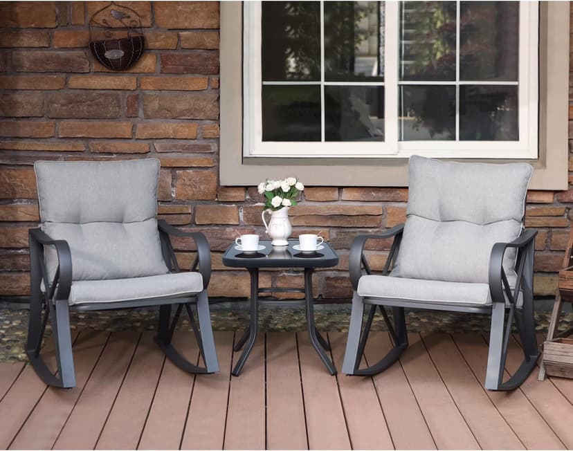COSIEST 3 Piece Bistro Set Patio Rocking Chairs Outdoor Furniture w Warm Gray Cushions, Glass-Top Table for Garden, Pool, Backyard