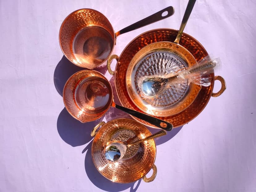 Pure Cookware 10 Piece Set with Serving Spoon (Sauce Pan | Copper Kadhai Set | Copper Fry Pan) with Brass Handle for Cooking Purpose