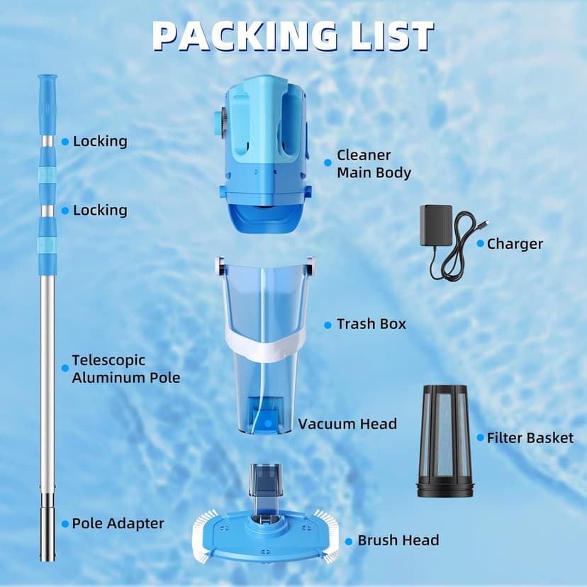 Cordless Pool Vacuum with Telescopic Pole, 26.5 gallons/min Powerful Suction, Handheld Rechargeable Swimming Pool Cleaner with 1H Running Time, Pool Vacuum for Above/In Ground Pools, Spas, Hot Tubs
