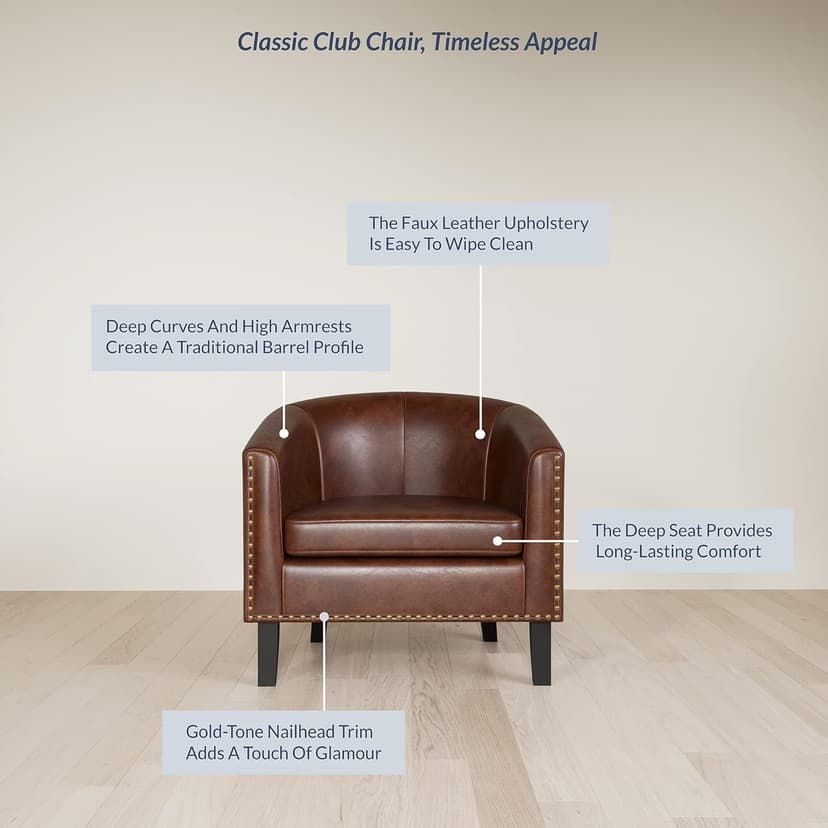 BELLEZE Accent Barrel Chair, Set of 2 Modern Faux Leather Tub Club Chair Upholstered Armchair with Gold Nail Head Trim and Black Legs for Living Room Bedroom Apartment Lounge - Brown