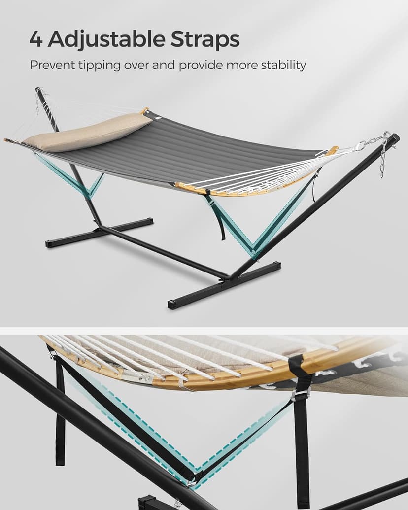 SONGMICS Hammock with Stand, Quilted Hammock with Curved Bamboo Spreaders, Pillow, 78.7 x 55.1 Inches, Portable Padded Hammock Holds up to 440 lb, Black and Gray UGHS002G01