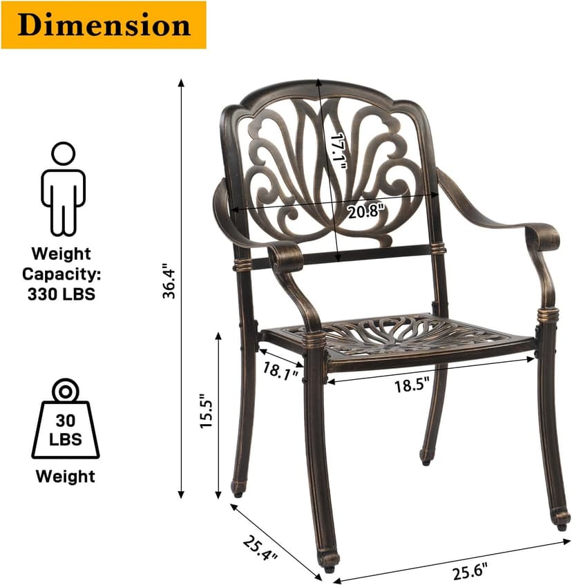 VINGLI 7-Piece Outdoor Dining Set, Cast Aluminum Patio Furniture Set for 6 with Umbrella Hole, Rectangular Outdoor Dining Table & 6 Stackable Chairs, All-Weather Garden/Poolside Dining Set Bronze