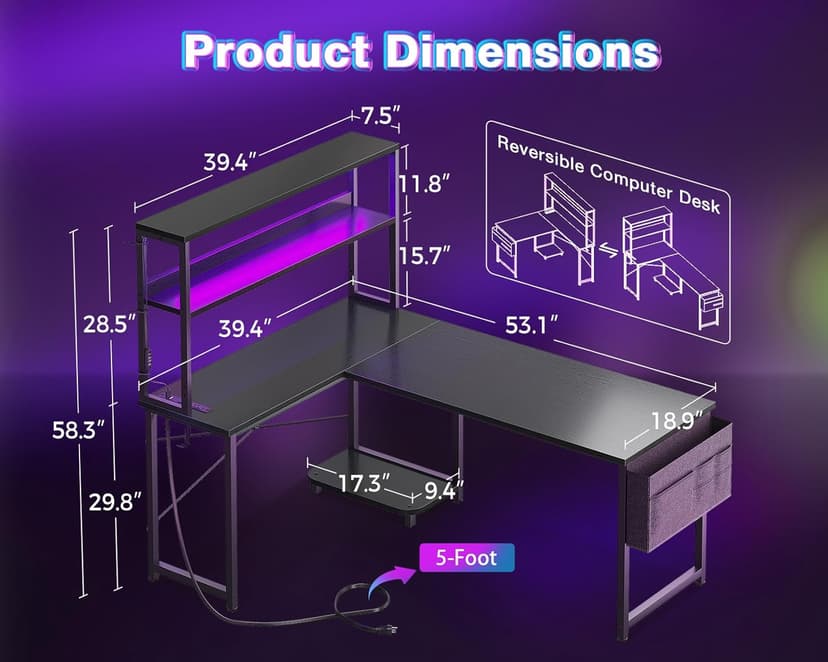 AODK L Shaped Desk Gaming Desk with LED Light & Power Outlet, 53 Inch Reversible L Shaped Computer Table with Shelf & Storage Bag & Hook for Home Office, Black